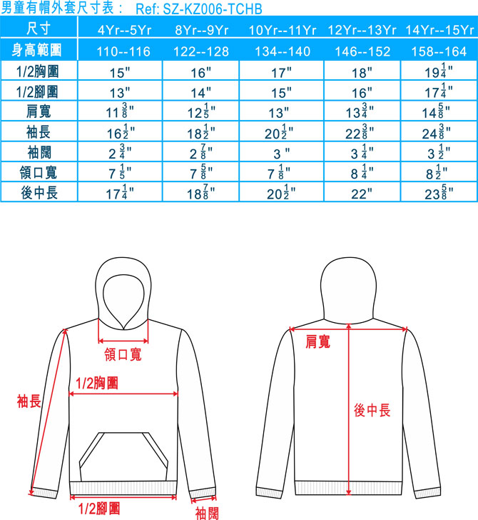 男童有帽外套尺寸表