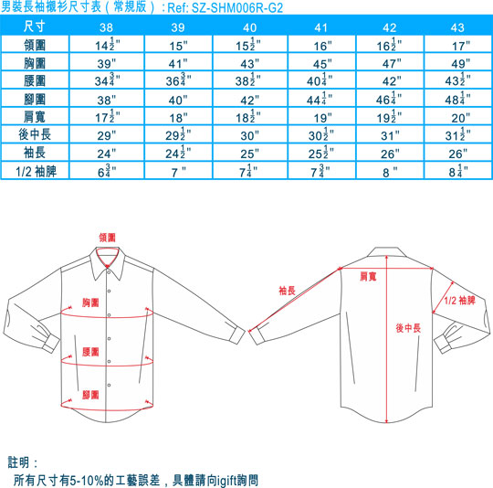 男裝長袖襯衫尺寸表(常規版)