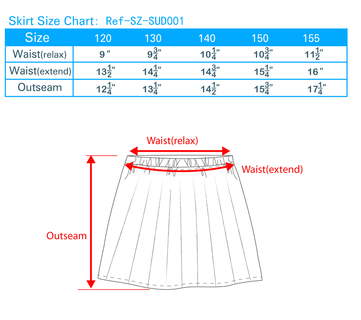 School Skirt Size Chart