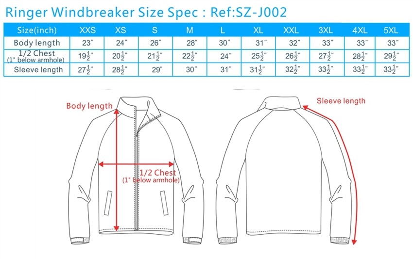 windbreaker sizing chart, windbreaker jacket size chart, mens