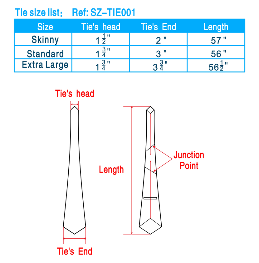 tie size chart, tie length chart, necktie size chart, necktie length