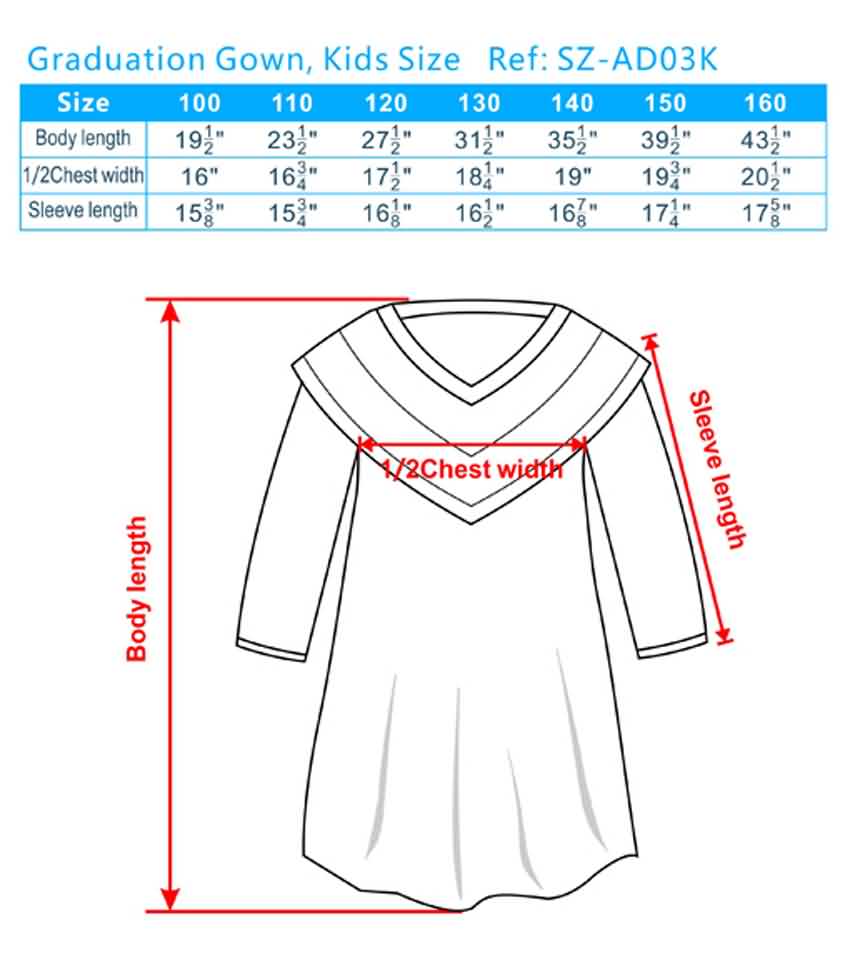 graduation gown size guide, college graduation gown sizes, choir gowns