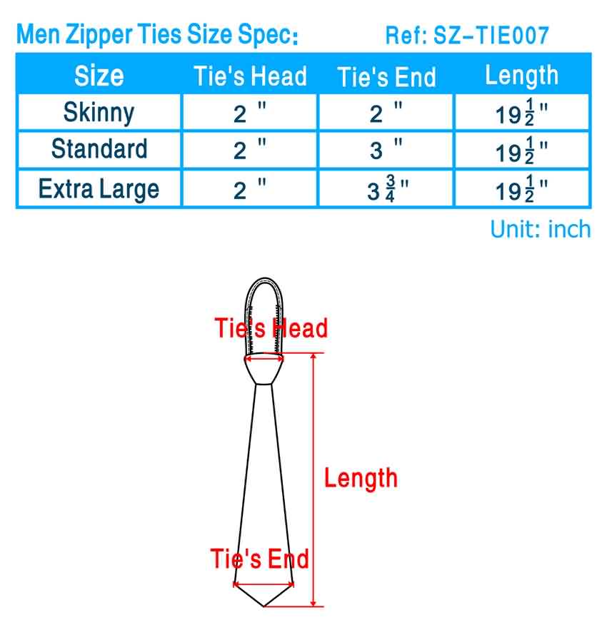 tie size chart, tie length chart, necktie size chart, necktie length