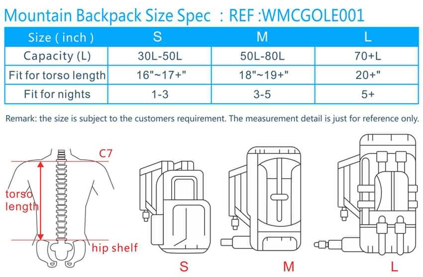 standard backpack measurements